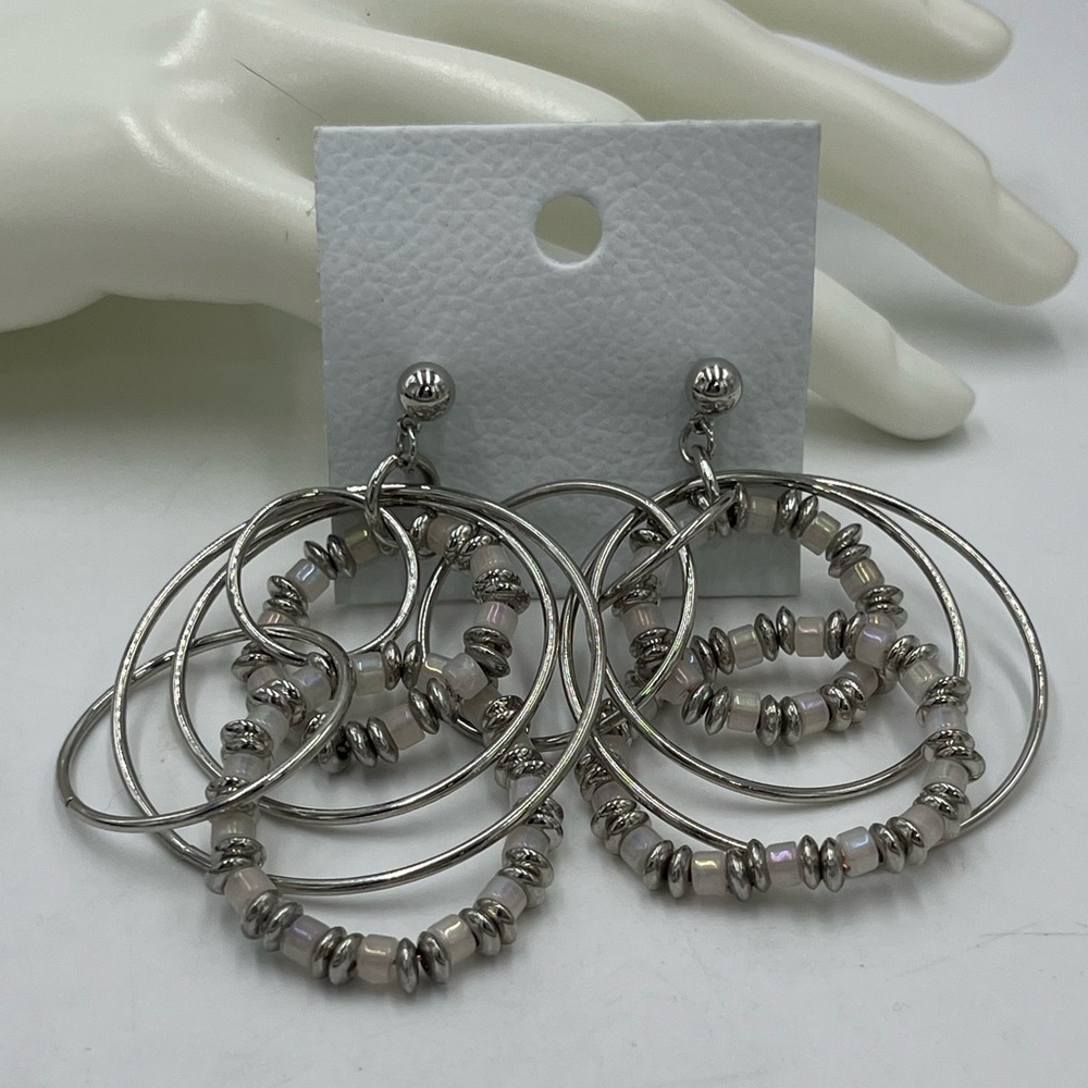 NWT Free People Racer White Pearlized Beaded Hoop Silver Tone Earrings